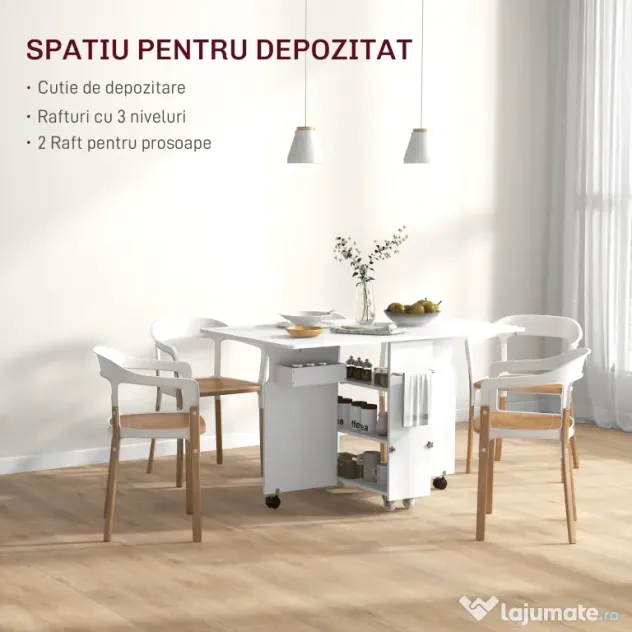 HOMCOM Masă pliabilă cu 2 frunze picătură și spațiu de depozitare, 3 rafturi, pentru 6 persoane, extensibilă, 130x80x76.5 cm | Aosom Romania