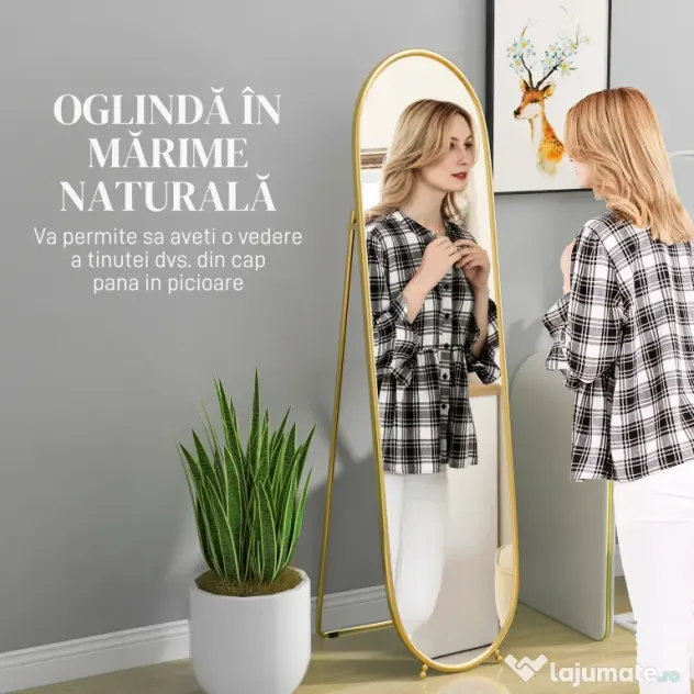 HOMCOM Oglindă Înaltă cu Cadru de Susținere, Oglindă Ovală pentru Dormitor sau Living, 40x4x160 cm, Auriu