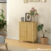 HOMCOM Comodă în Stil Boho din Rattan și Bambus, Dulap cu 2 Uși și Raft Interior, 60x27x67.5 cm, Lemn Natural | Aosom Romania 