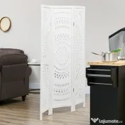 HOMCOM Paravan Interior cu 3 Panouri, Separator Pliabil de Interior, din Lemn Cioplit, 120x170 cm, Alb | Aosom Romania