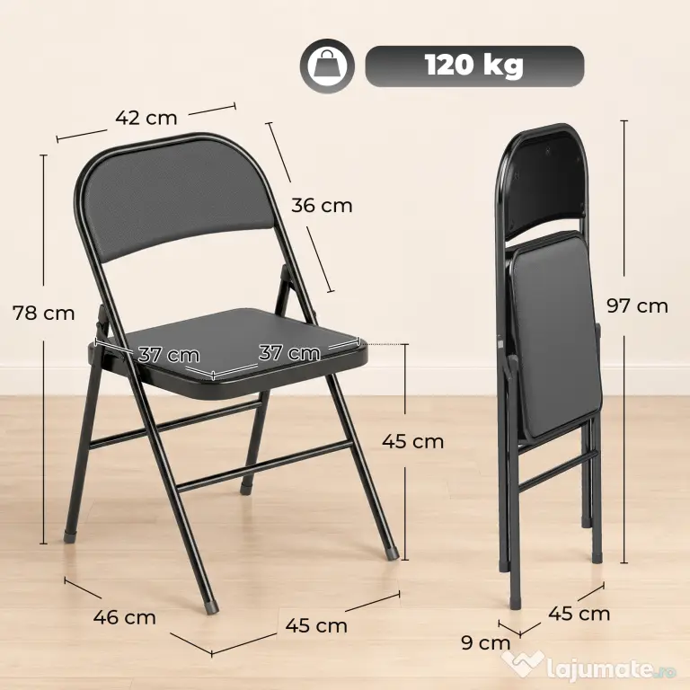 HOMCOM Set de 2 Scaune Pliabile Metalice, Tapițate cu Piele Ecologică PU, pentru Interior, cu Șezut Confortabil și Spătar Deschis | Aosom Romania