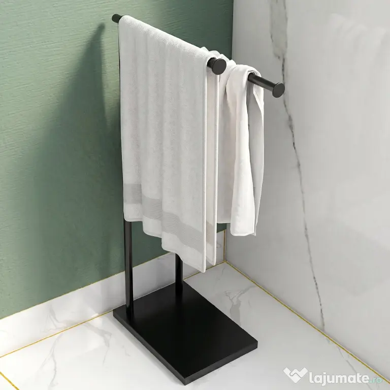 HOMCOM Suport prosoape de baie autoportant cu 2 brațe din metal, 35.5x20x78 cm, negru
