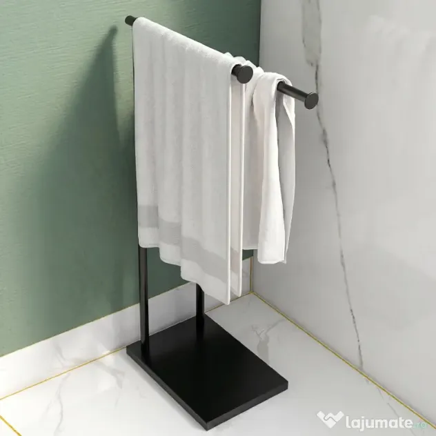 HOMCOM Suport prosoape de baie autoportant cu 2 brațe din metal, 35.5x20x78 cm, negru