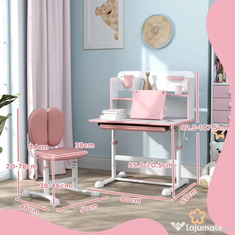AIYAPLAY Set Birou pentru Copii 3-12 Ani Reglabil pe Înălțime și Blat Înclinabil la 45°, 80x55x107.5 cm, Culoare Roz | Aosom Romania