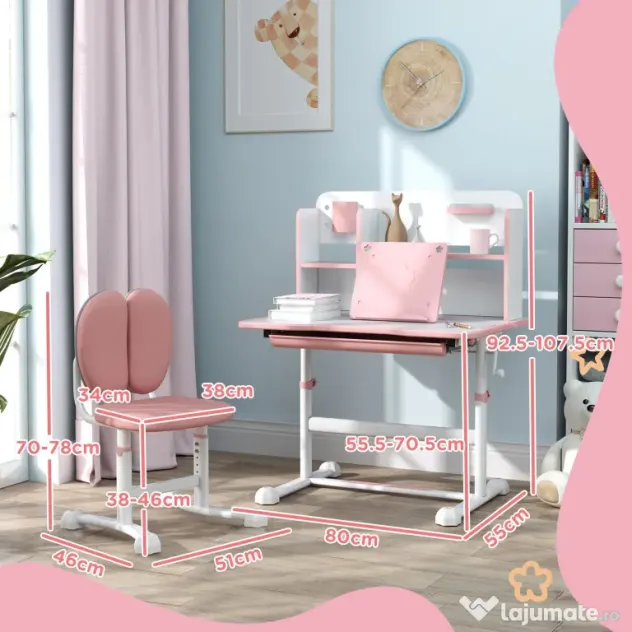 AIYAPLAY Set Birou pentru Copii 3-12 Ani Reglabil pe Înălțime și Blat Înclinabil la 45°, 80x55x107.5 cm, Culoare Roz | Aosom Romania