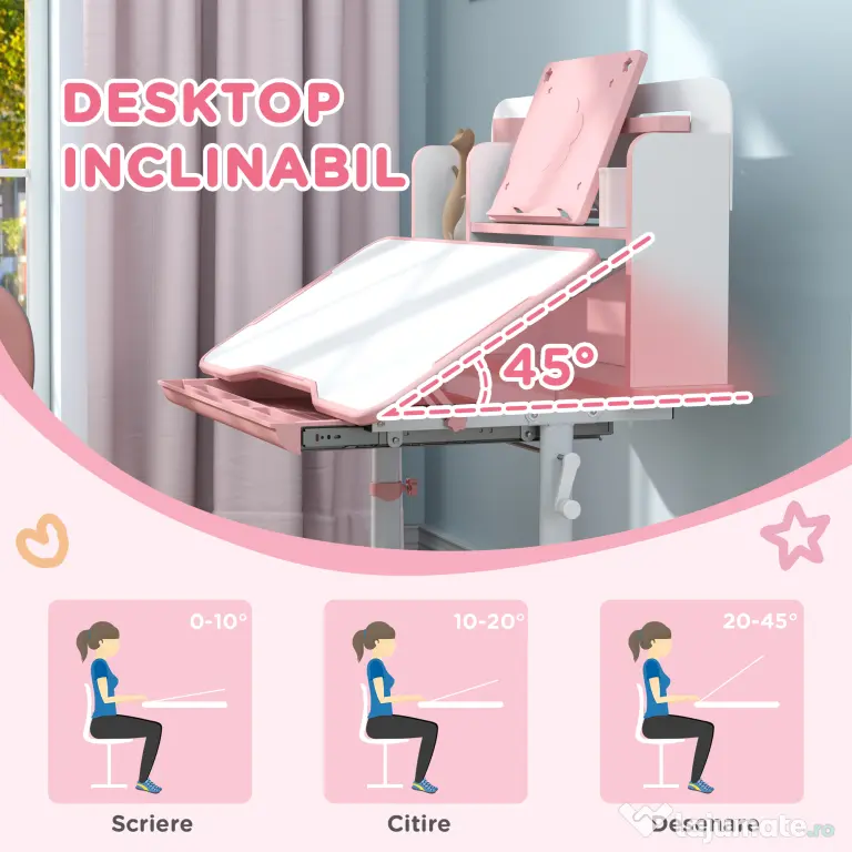 AIYAPLAY Set Birou pentru Copii 3-12 Ani Reglabil pe Înălțime și Blat Înclinabil la 45°, 80x55x107.5 cm, Culoare Roz | Aosom Romania