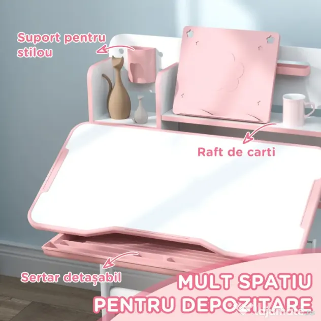 AIYAPLAY Set Birou pentru Copii 3-12 Ani Reglabil pe Înălțime și Blat Înclinabil la 45°, 80x55x107.5 cm, Culoare Roz | Aosom Romania