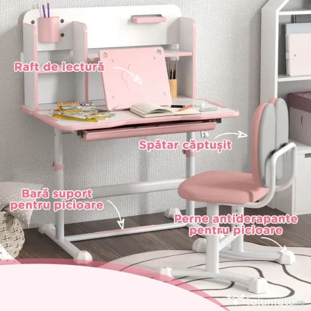 AIYAPLAY Set Birou pentru Copii 3-12 Ani Reglabil pe Înălțime și Blat Înclinabil la 45°, 80x55x107.5 cm, Culoare Roz | Aosom Romania