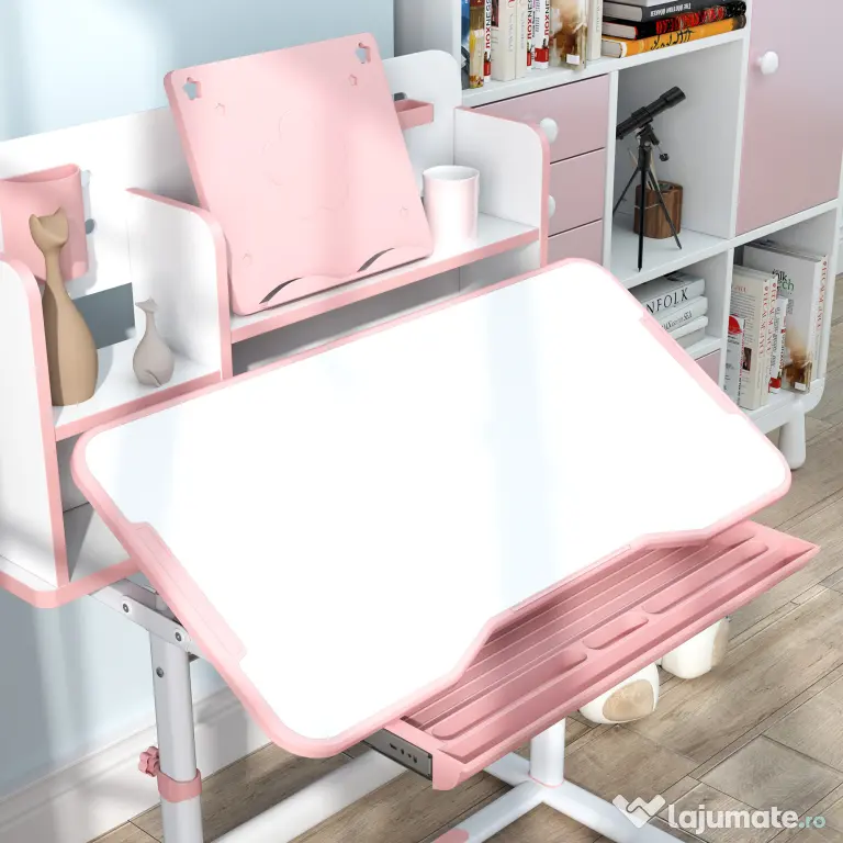 AIYAPLAY Set Birou pentru Copii 3-12 Ani Reglabil pe Înălțime și Blat Înclinabil la 45°, 80x55x107.5 cm, Culoare Roz | Aosom Romania