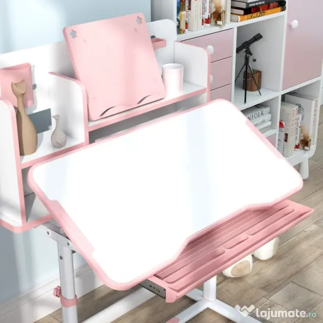 AIYAPLAY Set Birou pentru Copii 3-12 Ani Reglabil pe Înălțime și Blat Înclinabil la 45°, 80x55x107.5 cm, Culoare Roz | Aosom Romania