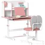 AIYAPLAY Set Birou pentru Copii 3-12 Ani Reglabil pe Înălțime și Blat Înclinabil la 45°, 80x55x107.5 cm, Culoare Roz