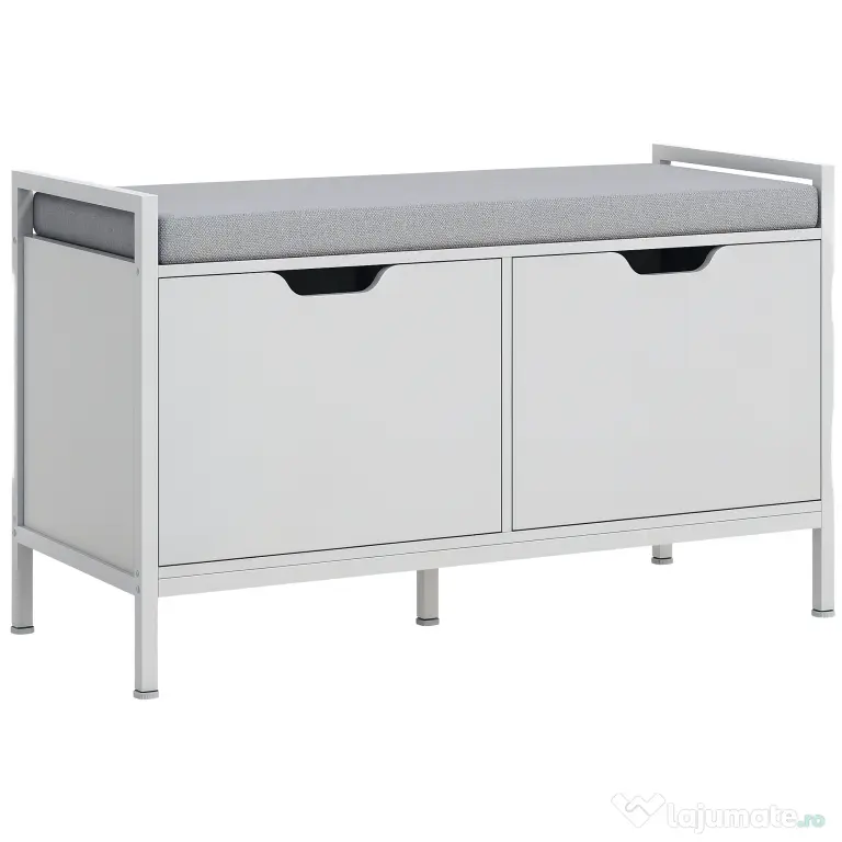 HOMCOM Banchetă Dulap pentru Pantofi cu 2 Compartimente și Pernă, Dulap Pantofi pentru Hol, 84x35x50 cm, Alb | Aosom Romania