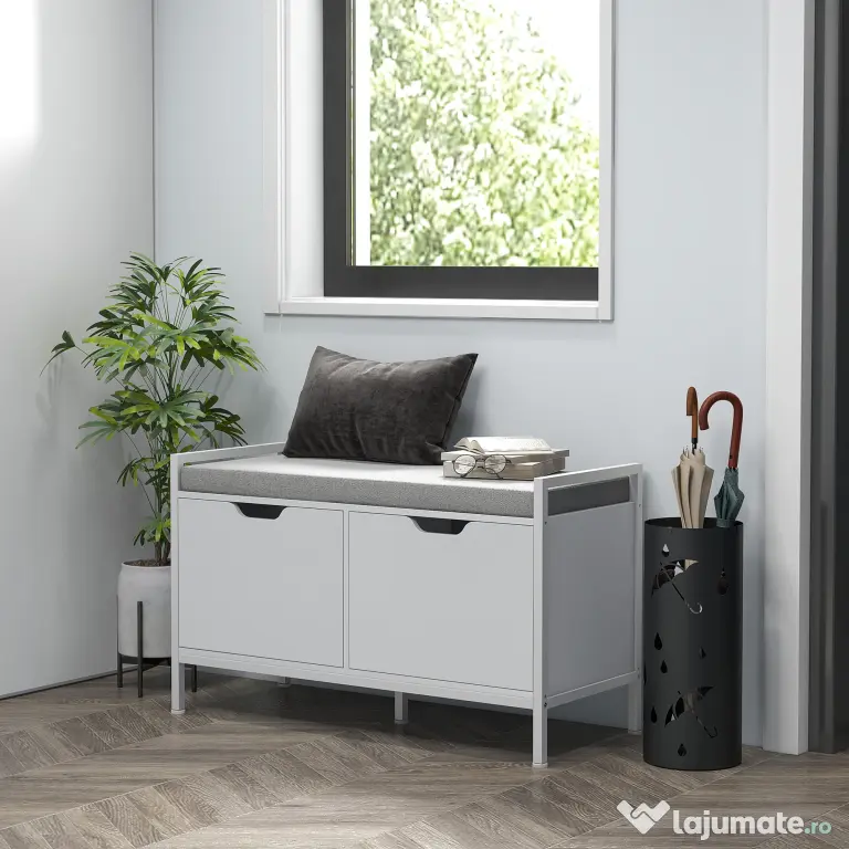 HOMCOM Banchetă Dulap pentru Pantofi cu 2 Compartimente și Pernă, Dulap Pantofi pentru Hol, 84x35x50 cm, Alb | Aosom Romania
