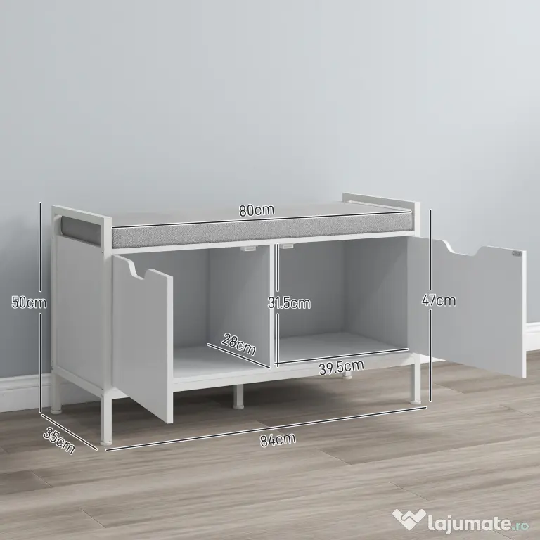 HOMCOM Banchetă Dulap pentru Pantofi cu 2 Compartimente și Pernă, Dulap Pantofi pentru Hol, 84x35x50 cm, Alb | Aosom Romania