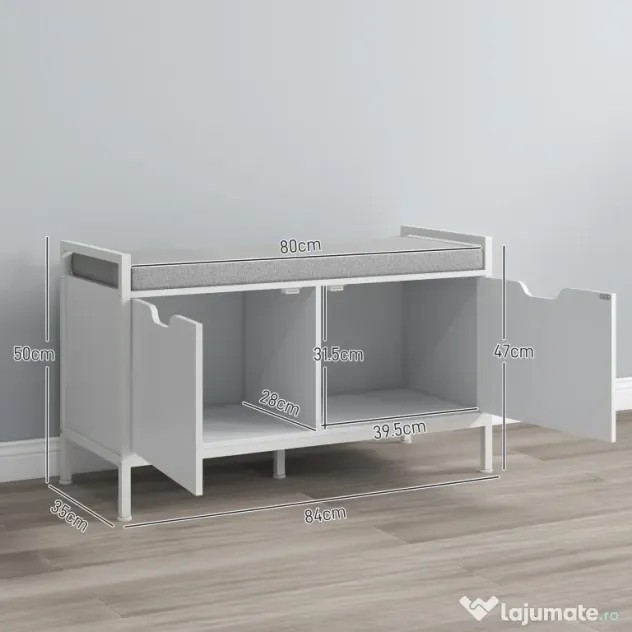 HOMCOM Banchetă Dulap pentru Pantofi cu 2 Compartimente și Pernă, Dulap Pantofi pentru Hol, 84x35x50 cm, Alb | Aosom Romania