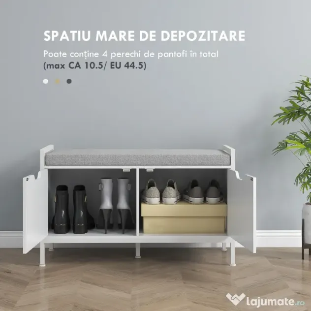 HOMCOM Banchetă Dulap pentru Pantofi cu 2 Compartimente și Pernă, Dulap Pantofi pentru Hol, 84x35x50 cm, Alb | Aosom Romania