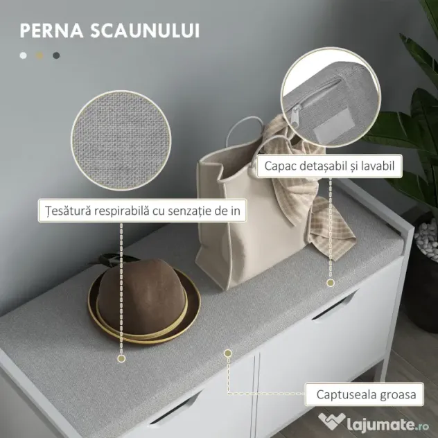 HOMCOM Banchetă Dulap pentru Pantofi cu 2 Compartimente și Pernă, Dulap Pantofi pentru Hol, 84x35x50 cm, Alb | Aosom Romania