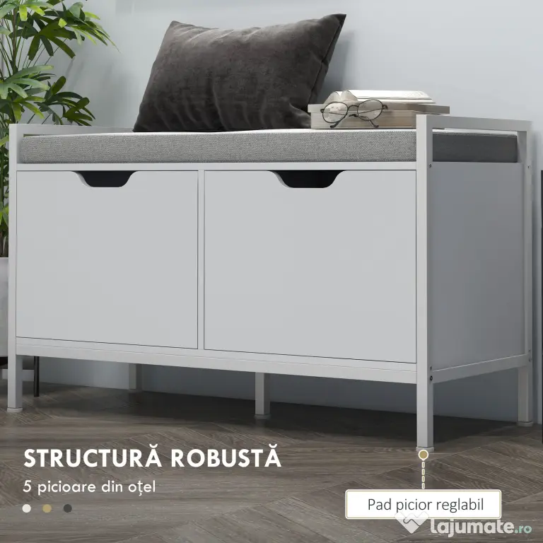 HOMCOM Banchetă Dulap pentru Pantofi cu 2 Compartimente și Pernă, Dulap Pantofi pentru Hol, 84x35x50 cm, Alb | Aosom Romania