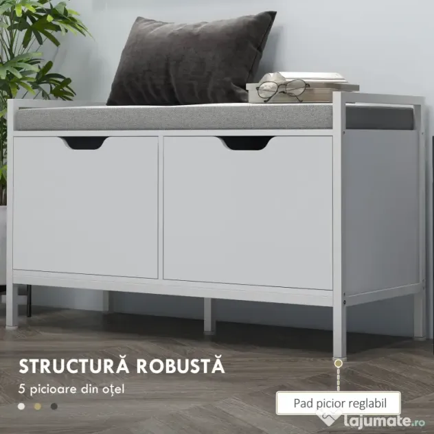 HOMCOM Banchetă Dulap pentru Pantofi cu 2 Compartimente și Pernă, Dulap Pantofi pentru Hol, 84x35x50 cm, Alb | Aosom Romania