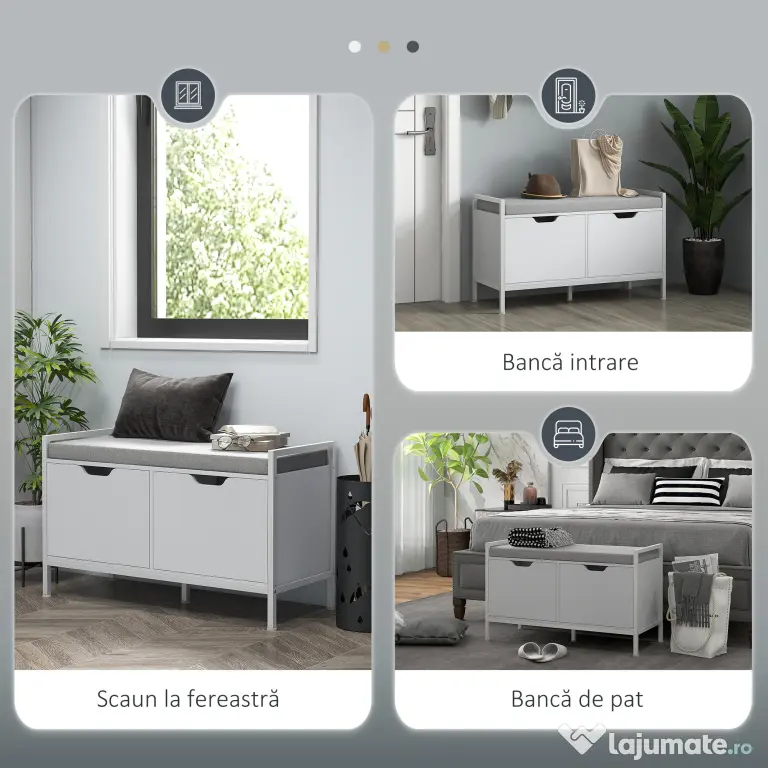 HOMCOM Banchetă Dulap pentru Pantofi cu 2 Compartimente și Pernă, Dulap Pantofi pentru Hol, 84x35x50 cm, Alb | Aosom Romania
