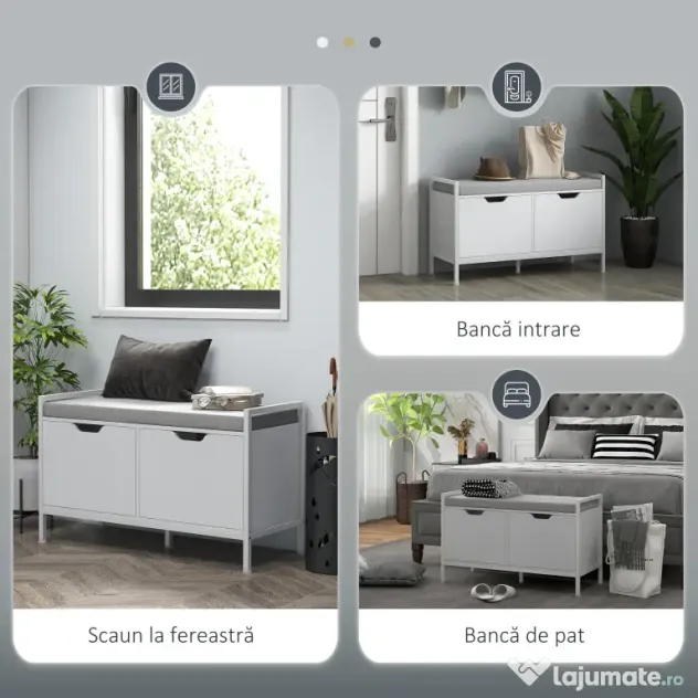 HOMCOM Banchetă Dulap pentru Pantofi cu 2 Compartimente și Pernă, Dulap Pantofi pentru Hol, 84x35x50 cm, Alb | Aosom Romania