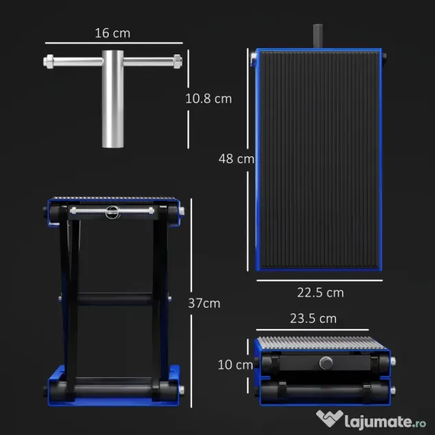 DURHAND Suport pentru Ridicarea Motocicletelor și Bicicletelor Antiderapant max 500 kg cu Înălțime Reglabilă, Suport Pliabil din Metal și Cauciuc, pentru Garaj, 41,5x23,5x10-37 cm, Albastru și Negru | Aosom Romania