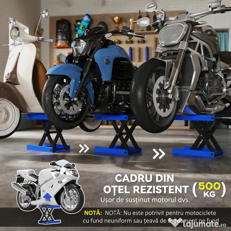 DURHAND Suport pentru Ridicarea Motocicletelor și Bicicletelor Antiderapant max 500 kg cu Înălțime Reglabilă, Suport Pliabil din Metal și Cauciuc, pentru Garaj, 41,5x23,5x10-37 cm, Albastru și Negru | Aosom Romania