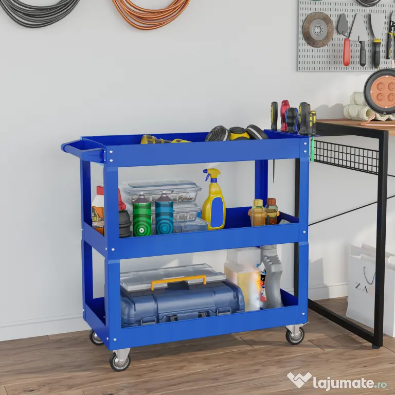 DURHAND Cărucior pentru Scule cu 3 Niveluri din Oțel cu Margini Înalte și 4 Roți Pivotante, 83 x 35.3 x 76 cm, Albastru | Aosom Romania
