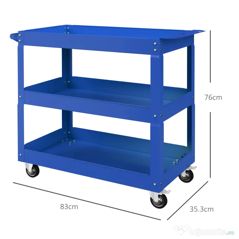 DURHAND Cărucior pentru Scule cu 3 Niveluri din Oțel cu Margini Înalte și 4 Roți Pivotante, 83 x 35.3 x 76 cm, Albastru | Aosom Romania