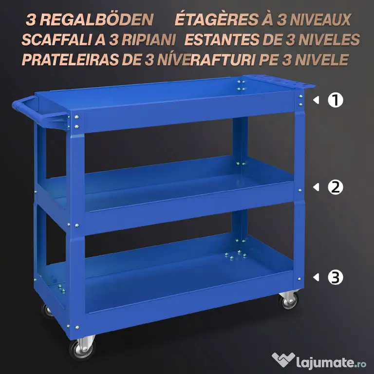 DURHAND Cărucior pentru Scule cu 3 Niveluri din Oțel cu Margini Înalte și 4 Roți Pivotante, 83 x 35.3 x 76 cm, Albastru | Aosom Romania