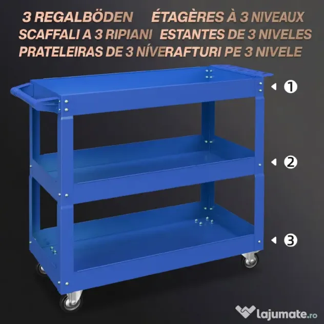 DURHAND Cărucior pentru Scule cu 3 Niveluri din Oțel cu Margini Înalte și 4 Roți Pivotante, 83 x 35.3 x 76 cm, Albastru | Aosom Romania