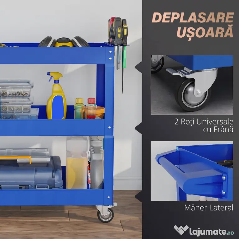 DURHAND Cărucior pentru Scule cu 3 Niveluri din Oțel cu Margini Înalte și 4 Roți Pivotante, 83 x 35.3 x 76 cm, Albastru | Aosom Romania