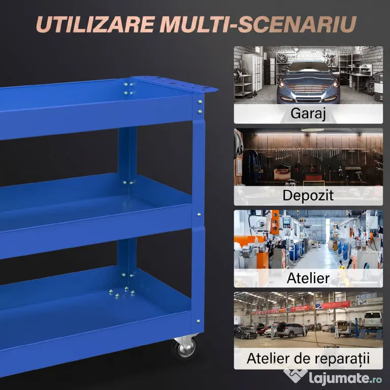 DURHAND Cărucior pentru Scule cu 3 Niveluri din Oțel cu Margini Înalte și 4 Roți Pivotante, 83 x 35.3 x 76 cm, Albastru | Aosom Romania