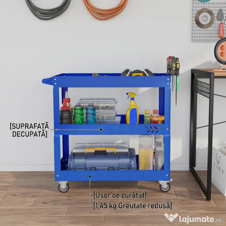 DURHAND Cărucior pentru Scule cu 3 Niveluri din Oțel cu Margini Înalte și 4 Roți Pivotante, 83 x 35.3 x 76 cm, Albastru | Aosom Romania