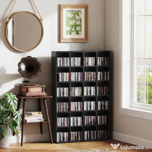 HOMCOM Dulap pentru CD-uri pentru 456 CD-uri sau 336 DVD-uri, 24 Compartimente, 89x20x130.5 cm Negru | Aosom Romania