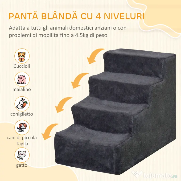 PawHut Scăriță pentru Câini Portabilă cu 4 Trepte, Scară pentru Animale Domestice, 60x35x44 cm, Gri Închis | Aosom Romania