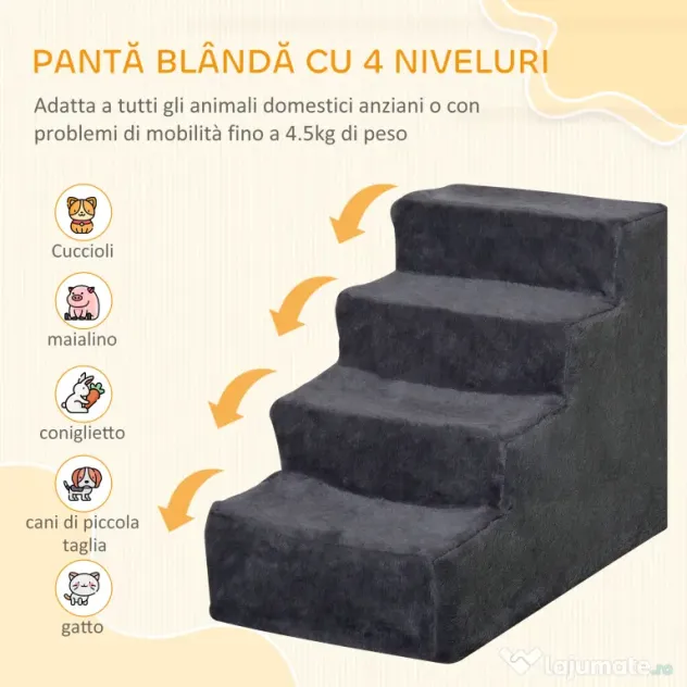 PawHut Scăriță pentru Câini Portabilă cu 4 Trepte, Scară pentru Animale Domestice, 60x35x44 cm, Gri Închis | Aosom Romania