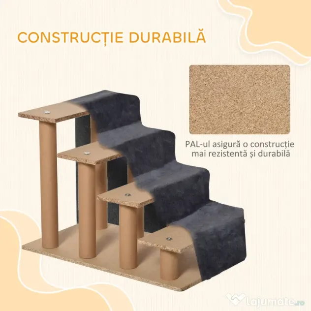 PawHut Scăriță pentru Câini Portabilă cu 4 Trepte, Scară pentru Animale Domestice, 60x35x44 cm, Gri Închis | Aosom Romania