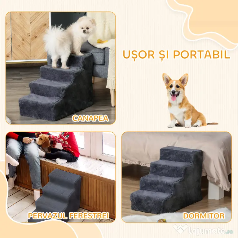 PawHut Scăriță pentru Câini Portabilă cu 4 Trepte, Scară pentru Animale Domestice, 60x35x44 cm, Gri Închis | Aosom Romania