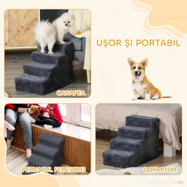 PawHut Scăriță pentru Câini Portabilă cu 4 Trepte, Scară pentru Animale Domestice, 60x35x44 cm, Gri Închis | Aosom Romania