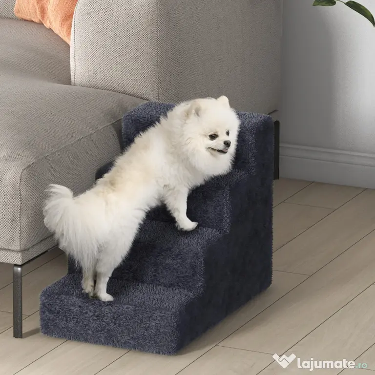 PawHut Scăriță pentru Câini Portabilă cu 4 Trepte, Scară pentru Animale Domestice, 60x35x44 cm, Gri Închis | Aosom Romania
