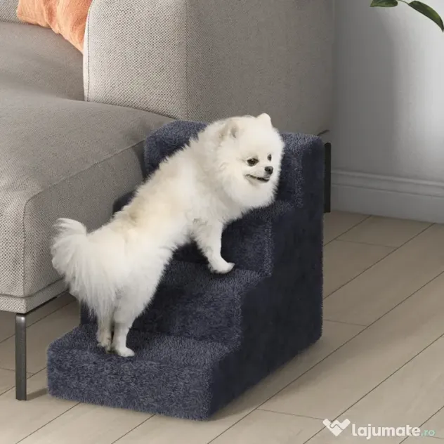 PawHut Scăriță pentru Câini Portabilă cu 4 Trepte, Scară pentru Animale Domestice, 60x35x44 cm, Gri Închis | Aosom Romania