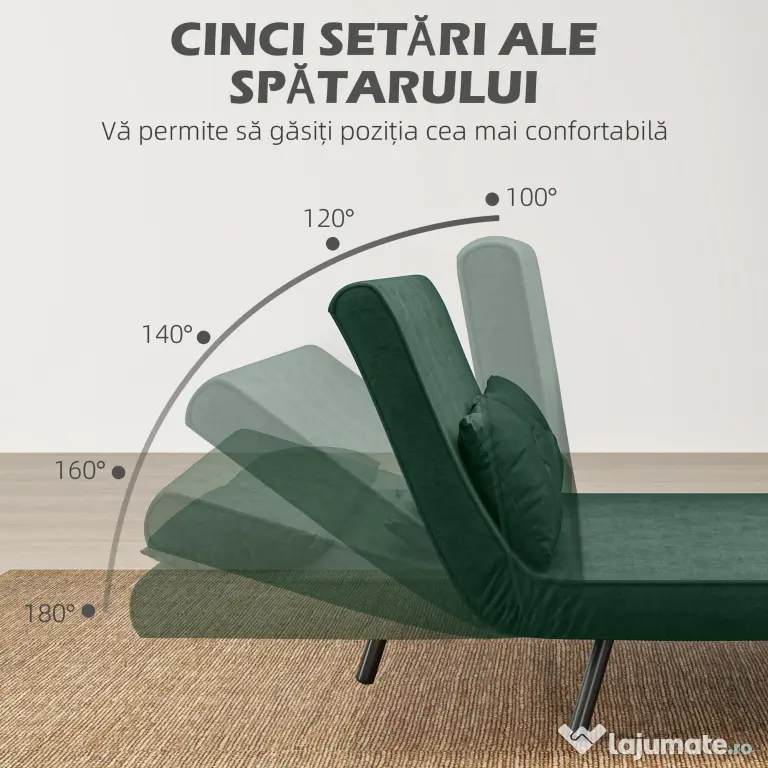 HOMCOM Canapea Pat de 2 Locuri cu Spătar Reglabil pe 5 Nivele, Canapea Pat Pliabilă cu 2 Perne, 102x73x81 cm, Verde | Aosom Romania