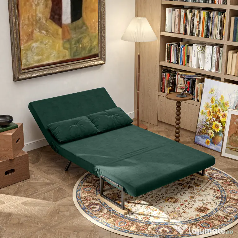 HOMCOM Canapea Pat de 2 Locuri cu Spătar Reglabil pe 5 Nivele, Canapea Pat Pliabilă cu 2 Perne, 102x73x81 cm, Verde | Aosom Romania