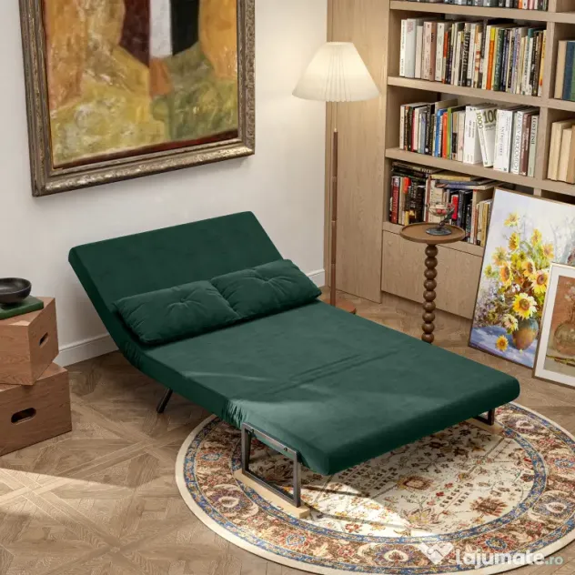 HOMCOM Canapea Pat de 2 Locuri cu Spătar Reglabil pe 5 Nivele, Canapea Pat Pliabilă cu 2 Perne, 102x73x81 cm, Verde | Aosom Romania
