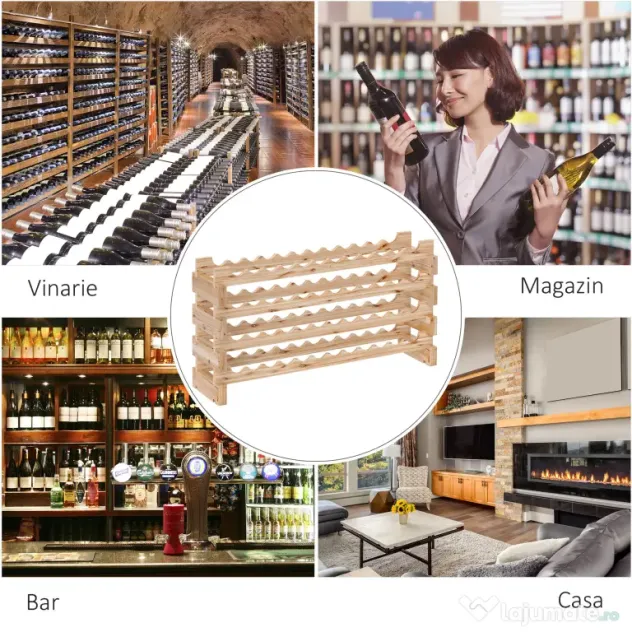 HOMCOM Raft pentru Sticle de Vin, Etajeră pentru Sticle cu 4 Rafturi pentru 48 Sticle, 114x28x56,5 cm, Lemn Natural | Aosom Romania
