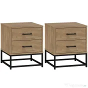HOMCOM Set de 2 Noptiere cu 2 Sertare din Lemn și Oțel, 40x39.5x48 cm, Lemn Natural | Aosom Romania 