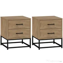 HOMCOM Set de 2 Noptiere cu 2 Sertare din Lemn și Oțel, 40x39.5x48 cm, Lemn Natural | Aosom Romania