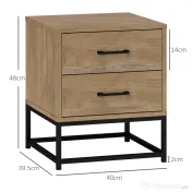 HOMCOM Set de 2 Noptiere cu 2 Sertare din Lemn și Oțel, 40x39.5x48 cm, Lemn Natural | Aosom Romania 