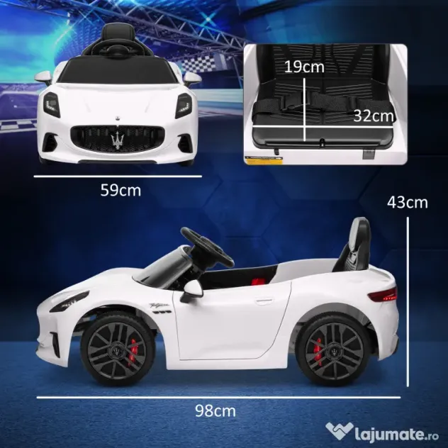 AIYAPLAY Mașinuță Electrică pentru Copii 3-5 Ani cu 2 Motoare, Telecomandă și Muzică, 98x59x43 cm, Alb | Aosom Romania